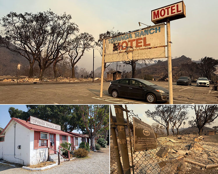 Top and bottom right: The fire aftermath of the historic Topanga Ranch Motel. Photos taken on Jan. 8, 2025, by California State Parks. Bottom left: The Topanga Ranch Motel before the Palisades Fire. Photos from California State Parks.